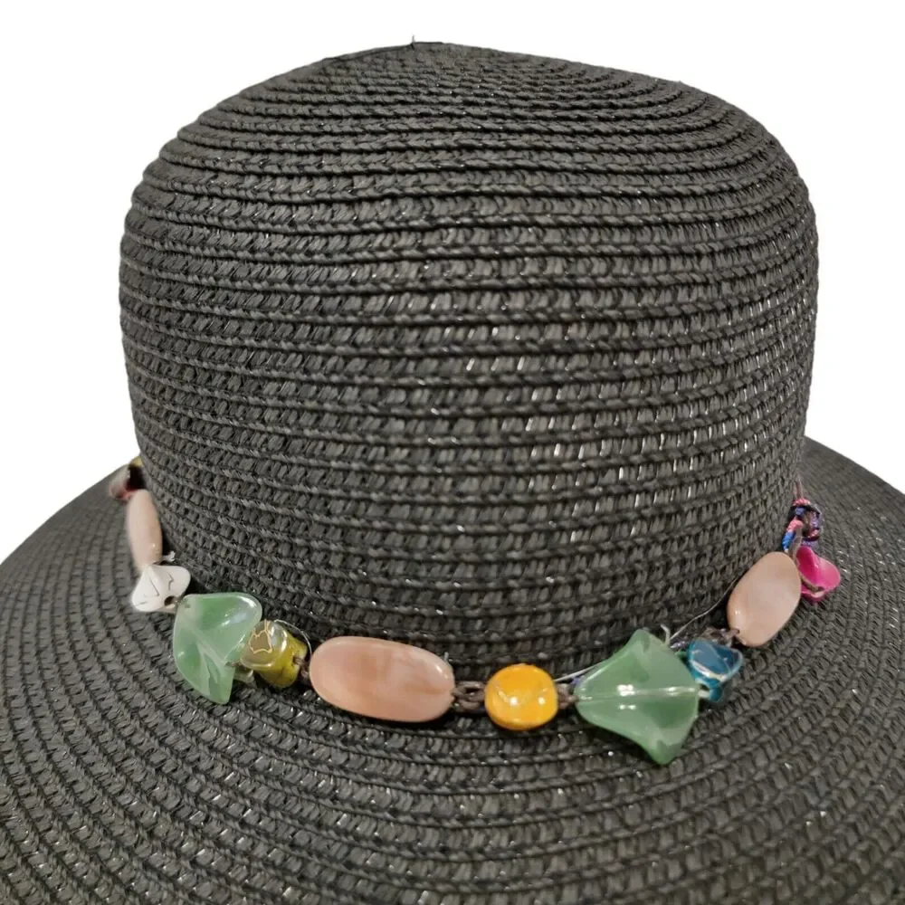 Nicole Marciano Womans Straw Hat Black OS Stones Multicolored Tie